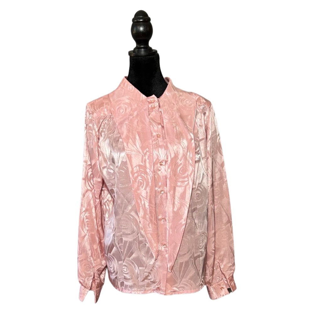 Vintage Cabrais Pink Shine Button Down Blouse Attached tie/Aschoff Floral Swirl
